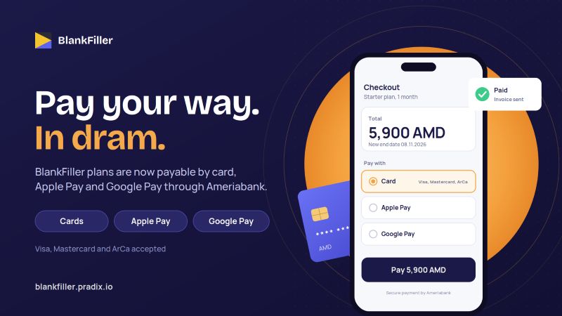 BlankFiller by Pradix accepts cards, apple pay, google pay payments